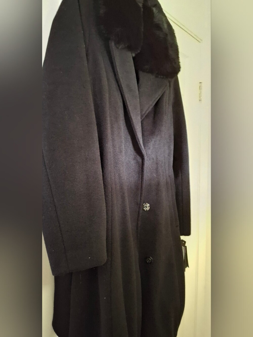 Vince Camuto Black Wool Double Breasted Wrap Coat with Fur Collar